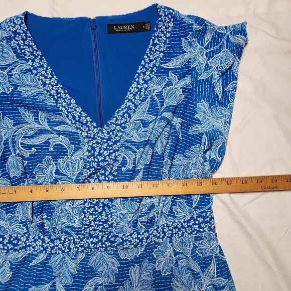 Lauren Ralph Lauren Womens 8 Short Sleeve V Neck Floral Midi Dress Blue White - Picture 7 of 9